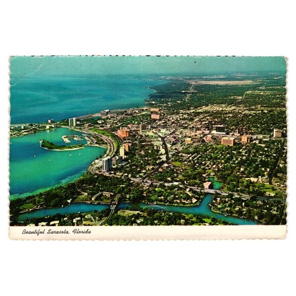 Vintage Postcard Coastline Sarasota Florida Aerial View Scalloped Edge Vacation - Picture 1 of 2